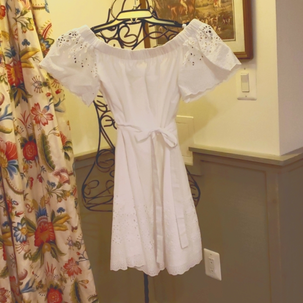 Fun Eyelet Sleeves Donna Morgan Off the Shoulder White Dress. Pair w! Slip Dress
